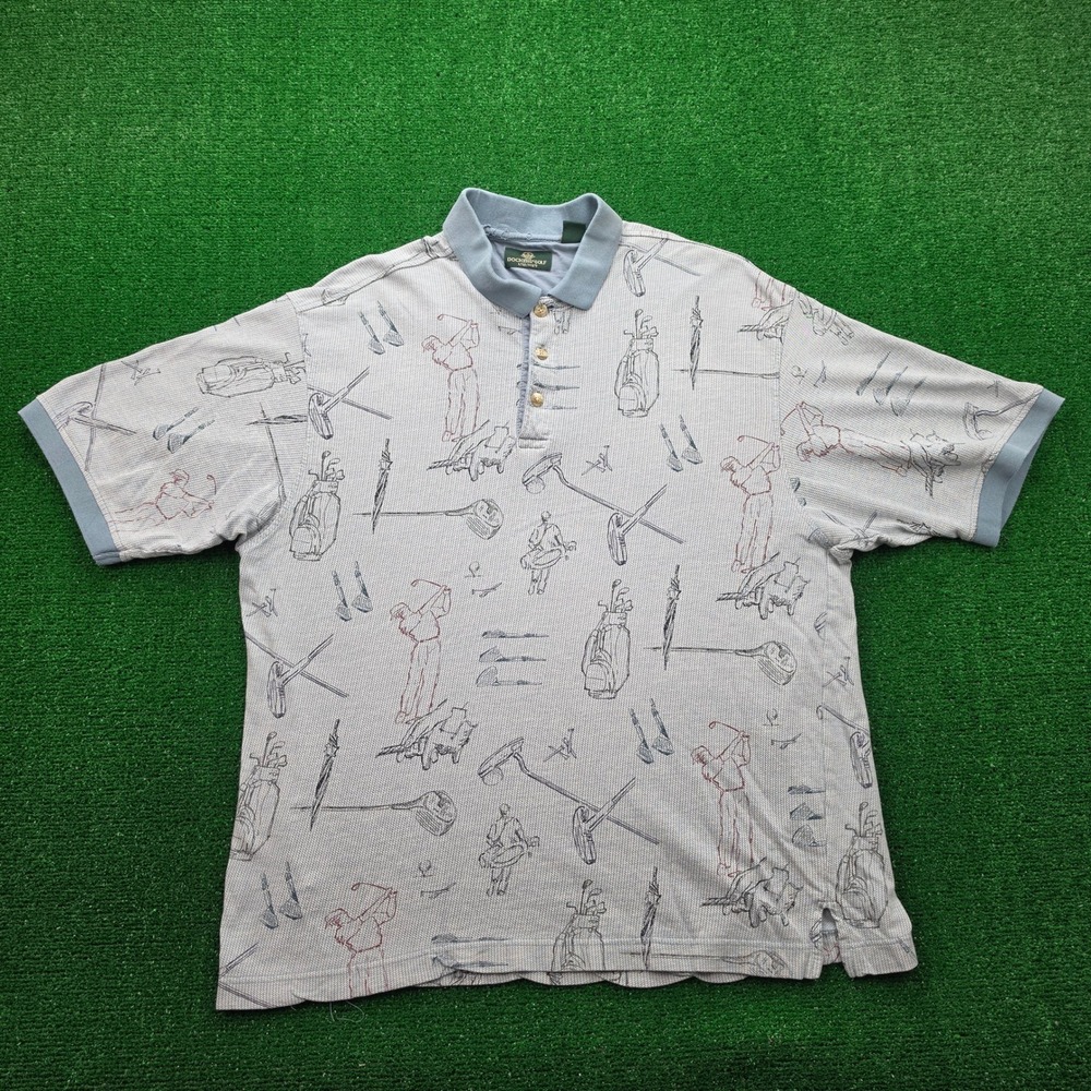 Vintage Dockers Golf Polo Shirt Mens XL Blue Khakiware Sketch Style AOP 90s